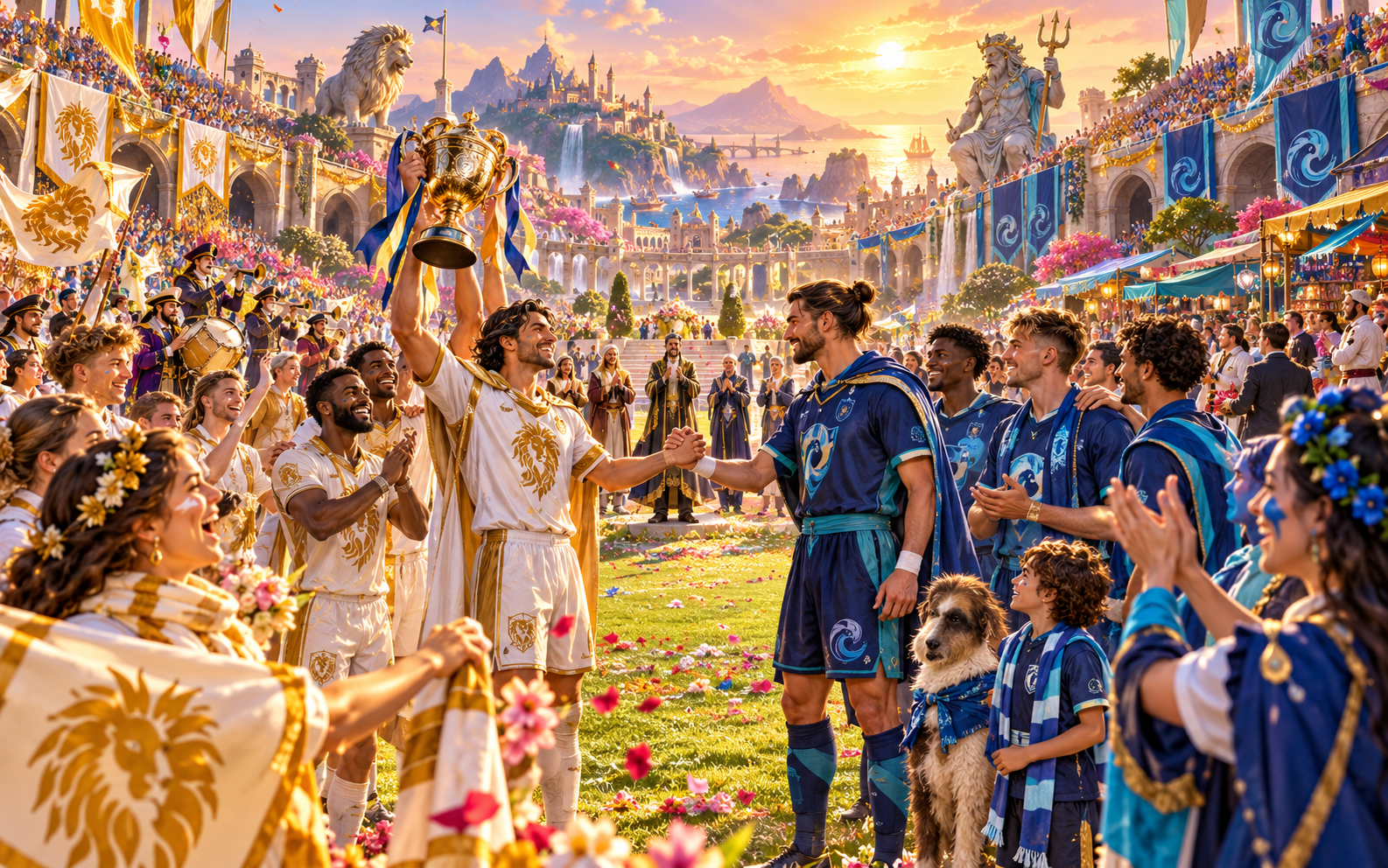 Fantasy illustration of a sunset cup ceremony with a white-and-gold player raising a trophy and shaking hands with a blue captain as families, a dog and musicians celebrate