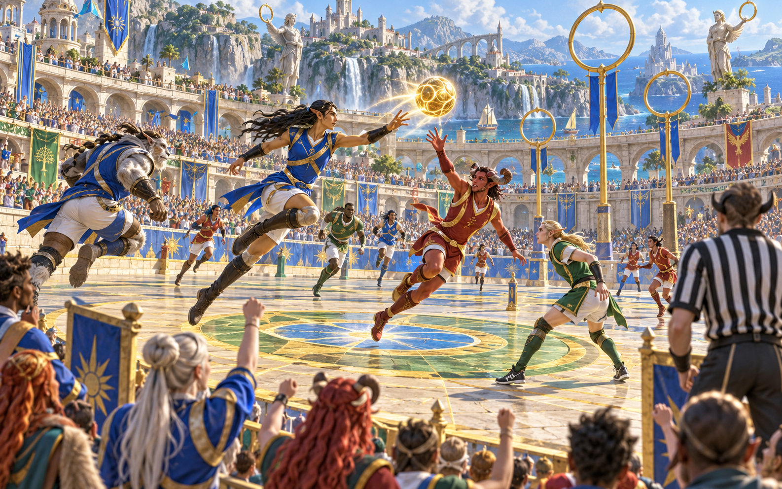 Fantasy illustration of players in several club colours contesting a glowing ball on a tiled arena floor watched by a striped referee and spectators