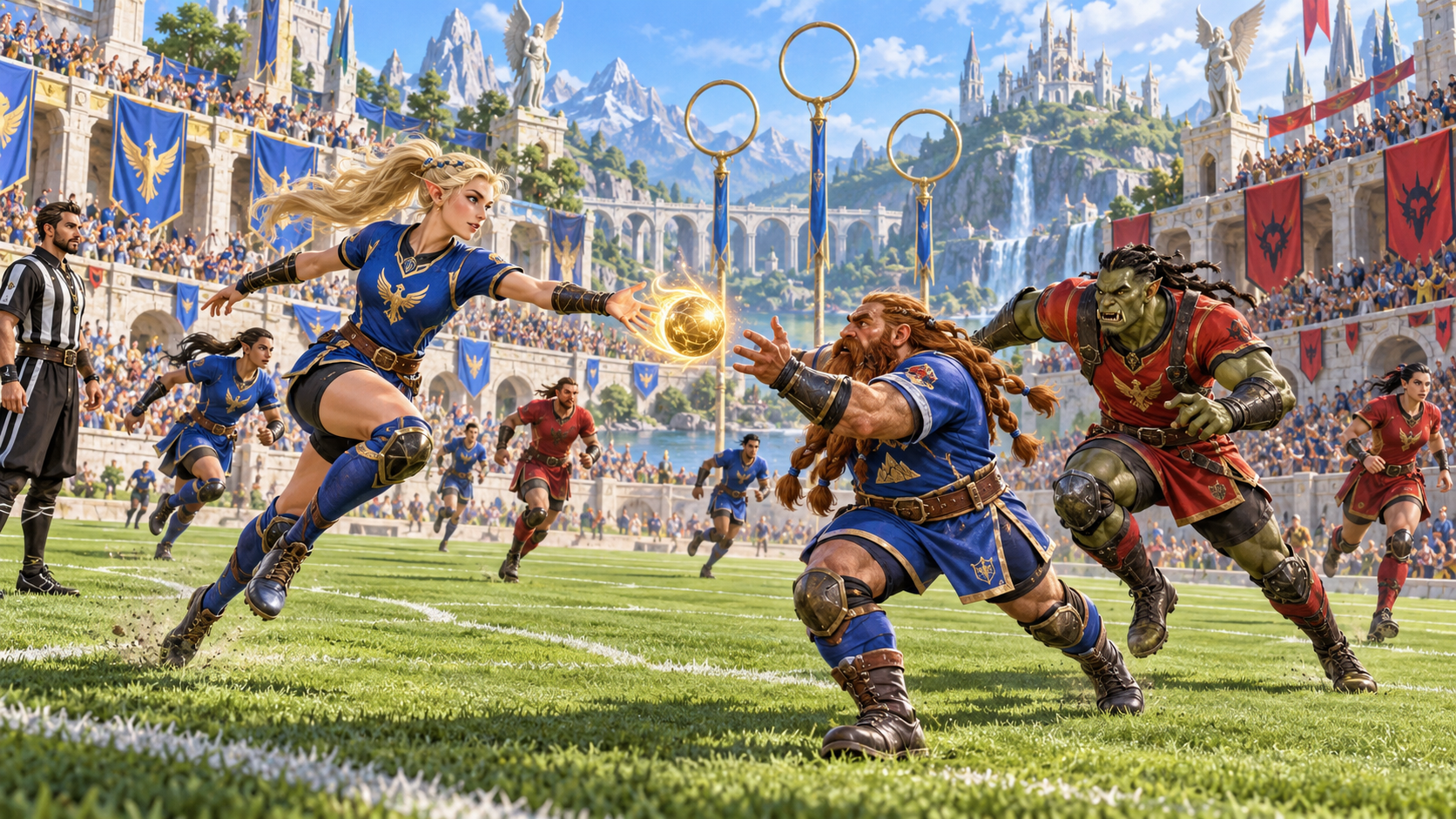 Fantasy illustration of blue and red teams contesting a glowing golden ball on a grassy stadium pitch beneath ring goals