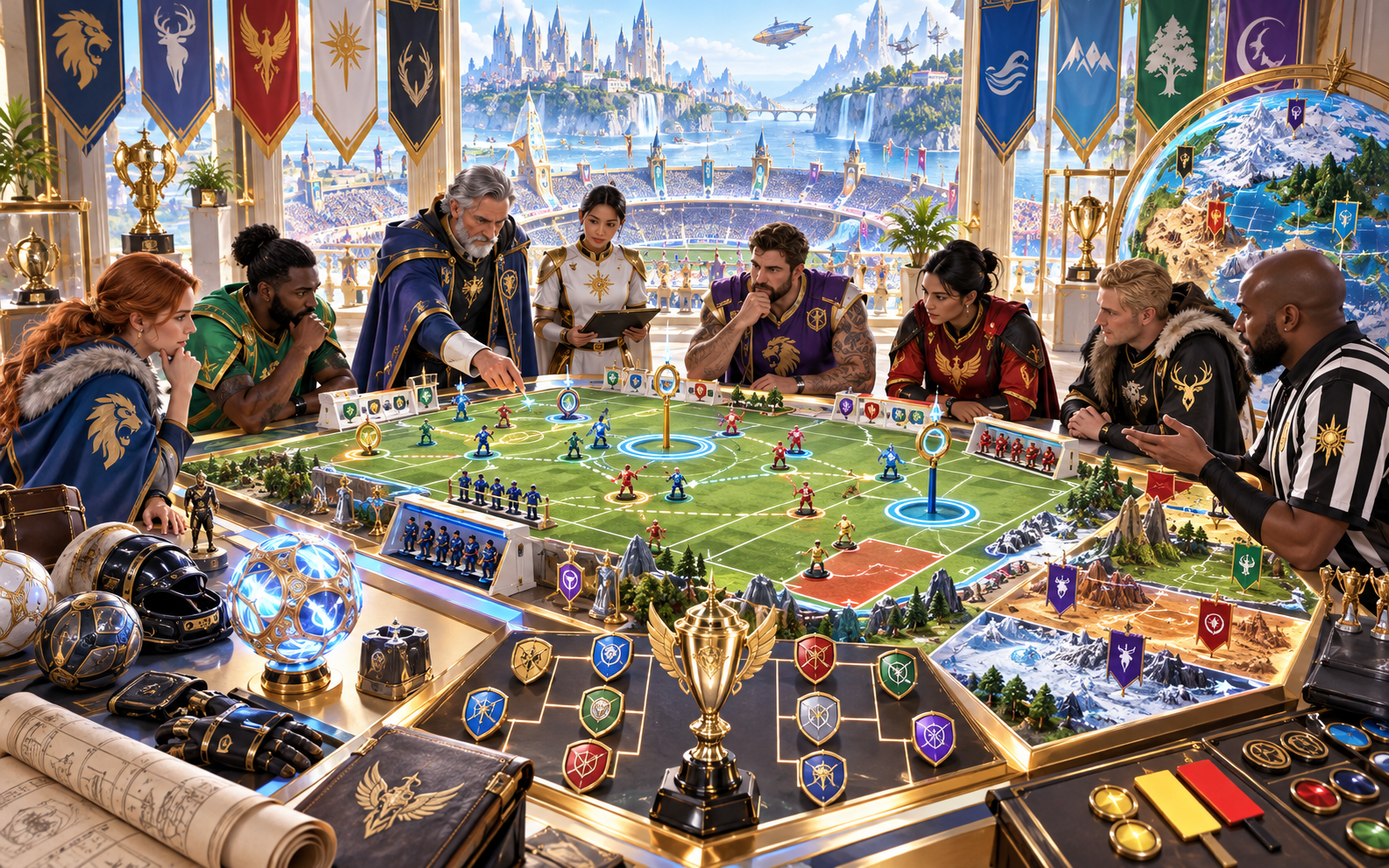Fantasy illustration of club representatives planning rules and leagues over a miniature pitch surrounded by club banners, trophies and a globe